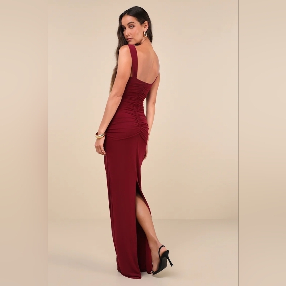 Lulus Amazing Presence Burgundy Mesh Ruched Column Maxi Dress S Wedding Party - Picture 6 of 10
